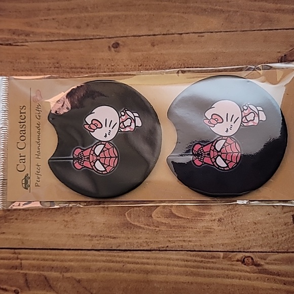 Kitty Cat and Spiderboy  Handmade Reuseable Set of 2 Car Cup Holder Coasters - Picture 4 of 4